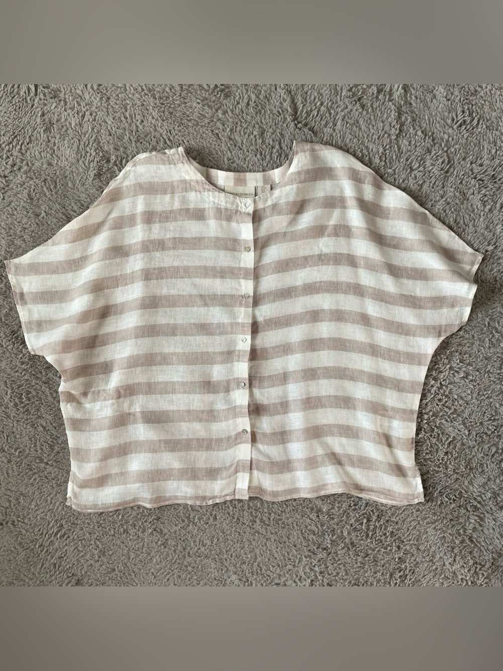 Striped Button-Front Linen Blend Top in Beige and White